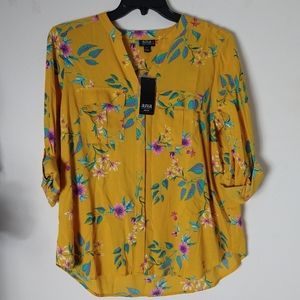 NWT a.n.a. Womens Button Down Yellow Floral Top size PL  Petite Large